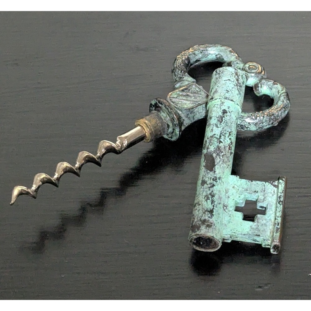 Vintage 1970s Brass Skeleton Key Corkscrew and Bottle Opener Heavily Oxidized